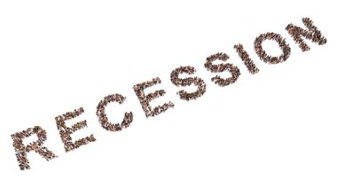 Concept or conceptual large community of people forming the word RECESSION. 3d illustration metaphor for declining economic activity and financial crisis, inflation, energy and food shortage