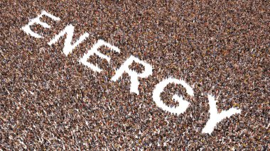 Concept or conceptual large community of people forming ENERGY word. 3d illustration metaphor for fossil fuel, technology, alternative,  renewable, sustainable, green and environment