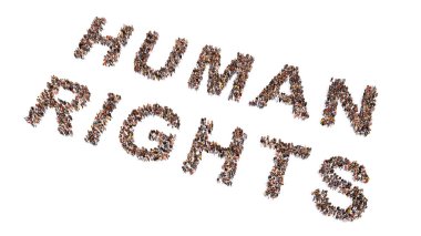 Concept  or conceptual large community of people forming HUMAN RIGHTS message. 3d illustration metaphor for equality, freedom, democracy, justice, education, peace, voting, life, tolerance, diversityv