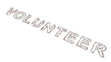 VOLUNTEER sözcüklerini oluşturan kavramsal geniş topluluk. Verme, yardım, özverili, hayırseverlik, hayırseverlik, kar amacı gütmeyen, iyilik, fedakarlık ve toplum için 3D illüstrasyon metaforu 