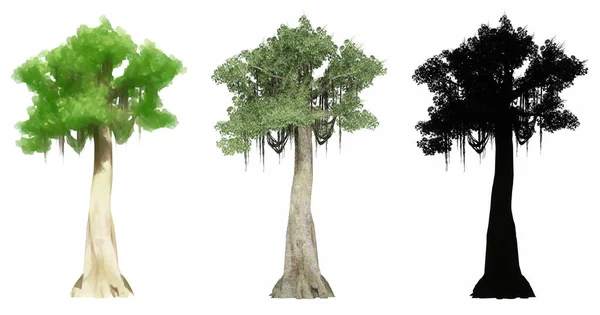 Σύνολο Συλλογή Από Δέντρα Kapok Ζωγραφισμένα Φυσικά Και Μαύρη Σιλουέτα — Φωτογραφία Αρχείου