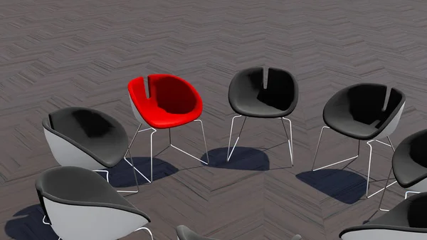 概念或概念红色的椅子突出在木地板背景上的会议上 3D说明作为领导力 远见和战略 创造力和个性 成就的隐喻 — 图库照片