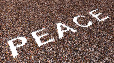 Barışçıl sözcüğü oluşturan kavramsal geniş bir topluluk. Umut, özgürlük, demokrasi, antlaşma, sevgi, mutluluk, birlik, din, beyaz güvercin ve zeytin dalı için 3D illüstrasyon metaforu