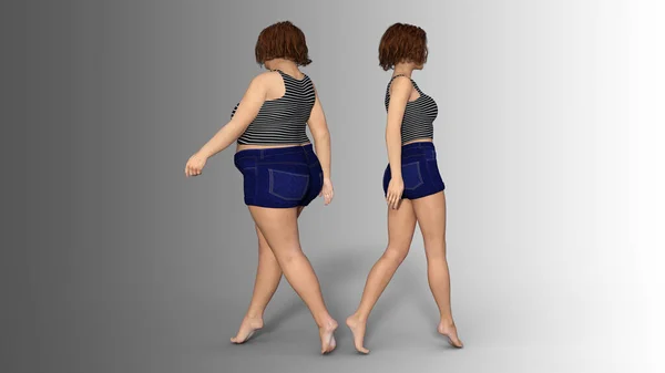 Conceptuele Vet Overgewicht Zwaarlijvige Vrouwelijke Slanke Fit Gezond Lichaam Gewichtsverlies — Stockfoto