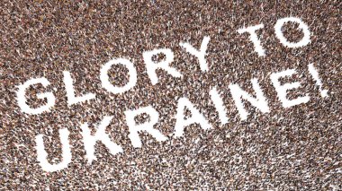 UKRAINE 'a GLORY oluşturan insanların kavramsal ya da kavramsal topluluğu! Mesaj var. Vatanseverlik, kararlılık, motivasyon, cesaret, mücadele, ruh, dayanıklılık ve güç için üç boyutlu metafor