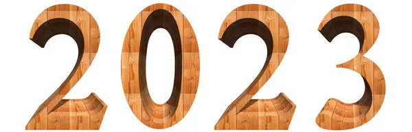概念或概念2023年由木制褐色木材字体制成 独立于白色背景 作为未来 房地产 繁荣或商业增长的隐喻的一个抽象的3D说明 — 图库照片