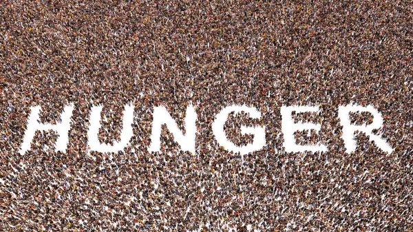Concept conceptual large community of people forming the word HUNGER.  3d illustration metaphor for  shortage in cereal supply, drought,  rising fod cost, social impact, recession and poverty
