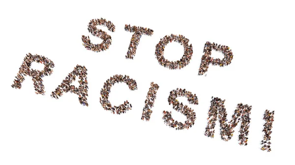 Stop Racismを形成する人々の概念大規模なコミュニティ スローガンだ 社会正義 差別の終わり 平等な権利と機会のための3Dイラスト比喩 — ストック写真