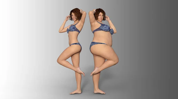 Conceptual fat overweight obese female vs slim fit healthy body after weight loss or diet with muscles thin young woman isolated. A 3D illustration metaphor for fitness, nutrition or fatness obesity, health shape