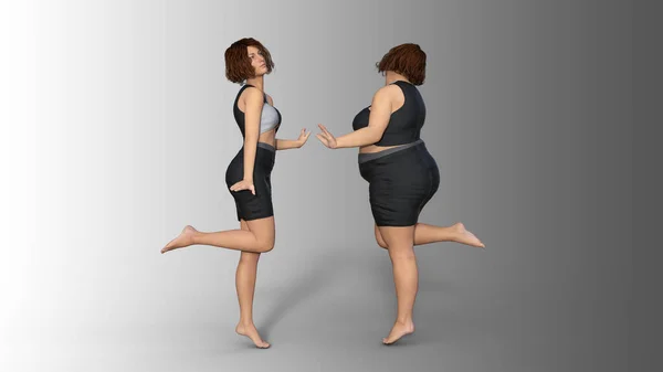 概念的な脂肪の太りすぎの肥満の女性 減量または筋肉薄い若い女性との食事後の健康な体に細いフィットします フィットネス 脂肪肥満 健康形状のための3Dイラストメタファー — ストック写真