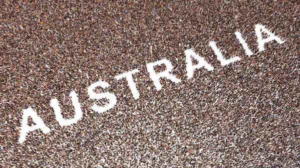 Concept or conceptual large community of people forming the word AUSTRALIA. 3d illustration metaphor for culture, history and education, politics, economy and business, travel and adventure