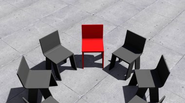 Beton zemin zeminindeki bir toplantıda öne çıkan kavramsal ya da kavramsal kırmızı sandalye. Liderlik, vizyon ve strateji, yaratıcılık ve bireysellik ve başarı için bir metafor olarak 3D İllüstrasyon.
