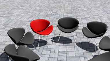Beton zemin zeminindeki bir toplantıda öne çıkan kavramsal ya da kavramsal kırmızı sandalye. Liderlik, vizyon ve strateji, yaratıcılık ve bireysellik ve başarı için bir metafor olarak 3D İllüstrasyon.