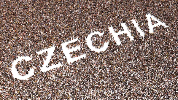 Concept or conceptual large community of people forming the word CZECHIA. 3d illustration metaphor for culture, history and education, politics, economy and business, travel and adventure
