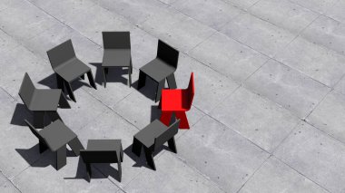 Beton zemin zeminindeki bir toplantıda öne çıkan kavramsal ya da kavramsal kırmızı sandalye. Liderlik, vizyon ve strateji, yaratıcılık ve bireysellik ve başarı için bir metafor olarak 3D İllüstrasyon.