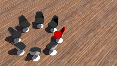 Ahşap zemin üzerinde bir toplantıda öne çıkan kavramsal ya da kavramsal kırmızı sandalye. Liderlik, vizyon ve strateji, yaratıcılık ve bireysellik ve başarı için bir metafor olarak 3D İllüstrasyon. 