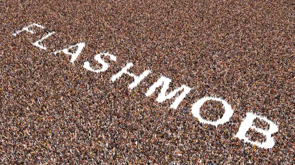 Concept or conceptual large community of people forming FLASHMOB word. 3d illustration metaphor to massive and spontaneous people gatherings,  performance, ceklebration, community and society