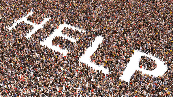 Concept  conceptual large community of people forming HELP slogan. 3d illustration metaphor for assistance, compassion, kindness and generosity, charity, volunteering and donation