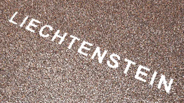 Concept or conceptual large community of people forming the word LIECHTENSTEIN. 3d illustration metaphor for culture, history and education, politics, economy and business, travel and adventure