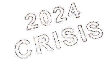 2024 CRISIS mesajını oluşturan insanların kavramsal ya da kavramsal topluluğu. Ekonomik ve finansal kriz, yavaş büyüme, durgunluk, yüksek enflasyon ve faiz oranları, borçlar için 3d illüstrasyon metaforu