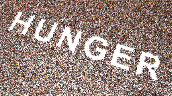 Понятие концептуального большого сообщества людей, образующих слово HUNGER. 3d иллюстративная метафора дефицита зерновых, засухи, роста стоимости кормов, социального воздействия, рецессии и бедности