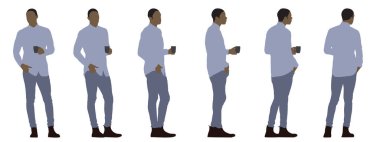 Beyaz arka planda izole edilmiş farklı perspektiflerden elinde bardak tutan sıradan giyinmiş bir adamın vektör kavramsal silueti. Mola, dinlenme ve rahatlama için bir metafor.