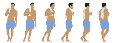 Beyaz arka planda izole edilmiş farklı perspektiflerden havluyla duran şortlu bir adamın vektör kavramsal silueti. Spor, spor, sağlık ve sağlık, yaşam tarzı için bir metafor.