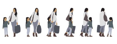 Bir annenin vektör kavramsal silueti ve beyaz arka planda izole edilmiş farklı perspektiflerden küçük bir kız. Aile, aşk, birlikte zaman geçirmek, boş zaman ve alışveriş için bir metafor.