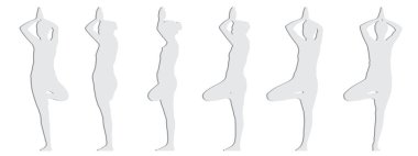 Vektör kavramsal gri kağıt, yoga pozu veren bir kadının siluetini beyaza izole edilmiş farklı perspektiflerden kesiyor. Denge, sağlık, konsantrasyon, zindelik ve yaşam tarzı için bir metafor