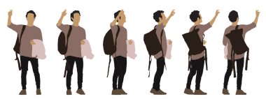 Beyaz arka planda izole edilmiş farklı perspektiflerden duran sırt çantalı bir gencin vektör kavramsal silüeti. Seyahat, macera, rahatlama ve yaşam tarzı için bir metafor.