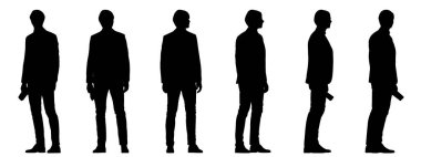 Kavramsal siyah siluet elinde bir kağıt tutan bir adamın elinde beyaza izole edilmiş farklı perspektiflerden. 3D iş, eğlence, sosyal yaşam ve yaşam tarzı metaforu 