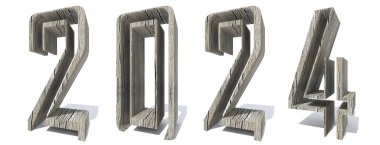 Beyaz arka planda izole edilmiş ahşap veya ahşap yazı tipinden yapılmış kavramsal ya da kavramsal 2024 yılı. Gelecek, vizyon, gayrimenkul, refah veya iş büyümesi için bir metafor olarak soyut bir 3D illüstrasyon