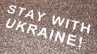 Kavramsal kavramsal olarak, UKRAINE mesajıyla büyük bir insan topluluğu kuruluyor. Dayanışma, işbirliği, şefkat, nezaket, birlik, ilham verici, fedakarlık için 3d metaforu