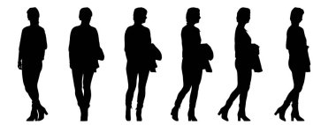 Elinde ceketi olan, beyaza izole edilmiş farklı perspektiflerden bir kadının kavramsal siyah silueti. Gündelik, moda, rahatlama, boş zaman ve yaşam tarzının metaforu olarak 3D illüstrasyon