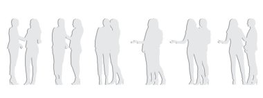 Kavramsal gri kağıt, beyaza izole edilmiş farklı perspektiflerden konuşan ve ayakta duran iki kadının siluetini kesiyor. 3D illüstrasyon iş, iletişim ve dostluk için bir metafor olarak