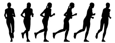 Farklı perspektiflerden kaçan bir kadının kavramsal siyah silueti beyaza izole edilmiş. Spor, fitness, motivasyon, sağlık, enerji ve yaşam tarzı için bir metafor olarak 3d illüstrasyon