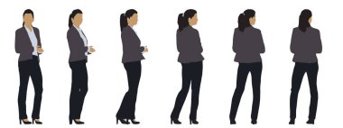 Beyaz arka planda izole edilmiş farklı perspektiflerden bir iş kadınının vektör kavramı veya kavramsal silueti. Başarı, eğitim, iş, güven, liderlik ve vizyon için bir metafor