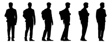 Beyaz arka planda izole edilmiş farklı perspektiflerden sırt çantalı bir gencin vektör kavramsal siyah silueti. Gençlik, öğrenme, eğitim ve yaşam tarzı için bir metafor