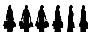 Beyaz üzerine izole edilmiş farklı perspektiflerden alışveriş torbaları tutan dindar bir kadının vektör kavramsal siyah silüeti. Bakım, ihtiyaçlar, maneviyat ve yaşam tarzı için bir metafor.