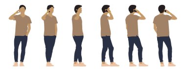 Beyaz arka planda izole edilmiş farklı perspektiflerden konuşan genç bir adamın vektör kavramsal siyah silueti. İletişim, bağlantı, eğlence ve yaşam tarzı için bir metafor