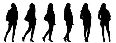 Beyaz arka planda izole edilmiş farklı perspektiflerden çanta taşıyan bir kadının vektör kavramsal siyah silueti. Sıradan, moda, rahatlama, boş zaman ve yaşam tarzı için bir metafor.