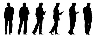 Telefonunu beyaz arka planda izole edilmiş farklı perspektiflerden kontrol eden bir adamın vektör kavramsal siyah silüeti. İletişim, bağlantı, eğlence ve yaşam tarzı için bir metafor