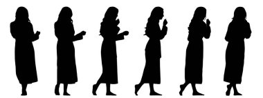 Beyaz arka planda izole edilmiş farklı perspektiflerden bornozlu bir kadının vektör kavramsal siyah silueti. Rahatlama, sağlık, güzellik, sağlık ve yaşam tarzı için bir metafor.