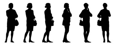 Beyaz arka planda izole edilmiş farklı perspektifler tutan bir kadının vektör konsepti veya kavramsal siyah silueti. Şehir hayatı, eğlence ve yaşam tarzı için bir metafor.