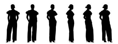 Beyaz arka planda izole edilmiş farklı perspektiflerden alışveriş torbaları taşıyan bir kadının vektör kavramsal siyah silüeti. Alışveriş, iş, eğlence ve yaşam tarzı için bir metafor