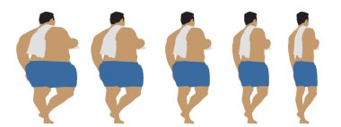 Kavramsal şişman obez adama karşı zayıf kilo verdikten sonra sağlıklı vücut, diyet, beyaz arka plan pankartı. Bir sağlık, beslenme ya da obezite, sağlık hizmeti şekil çizim vektörü siluet olarak