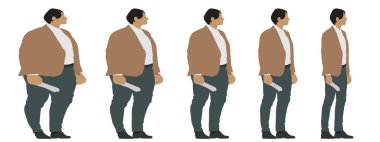 Kavramsal şişman obez adama karşı zayıf kilo verdikten sonra sağlıklı vücut, diyet, beyaz arka plan pankartı. Bir sağlık, beslenme ya da obezite, sağlık hizmeti şekil çizim vektörü siluet olarak