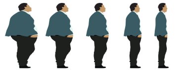 Kavramsal şişman obez adama karşı zayıf kilo verdikten sonra sağlıklı vücut, diyet, beyaz arka plan pankartı. Bir sağlık, beslenme ya da obezite, sağlık hizmeti şekil çizim vektörü siluet olarak