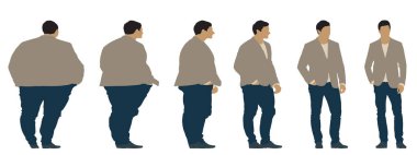 Kavramsal şişman obez adama karşı zayıf kilo verdikten sonra sağlıklı vücut, diyet, beyaz arka plan pankartı. Bir sağlık, beslenme ya da obezite, sağlık hizmeti şekil çizim vektörü siluet olarak