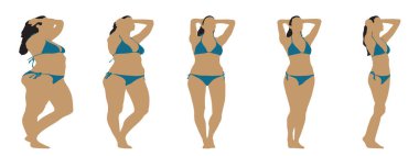 Kavramsal şişman şişman şişman kadın zayıf kadına karşı kilo verdikten sonra sağlıklı vücuda uyuyor ya da beyaz arka planda diyet yapıyor. Bir fitness, beslenme veya obezite, sağlık şekli çizim vektörü siluet olarak